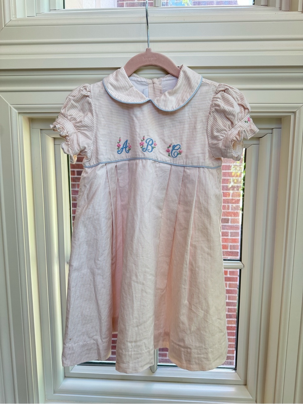 Light Pink Striped Peter Pan Collar Dress with Blue Piping